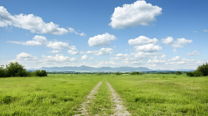Scenic Countryside Path Through Lush Green Field Under Sunny Sky