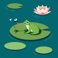 Fototapeta premium Green frog catching insect on lily pad with pink lotus flower vector illustration 