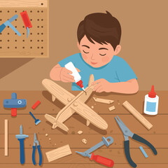 Child assembling wooden model airplane with glue and tools on workbench vector illustration 