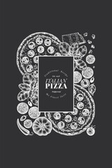 Hand Drawn Vector Pizza Illustration. Retro Pepperoni Pizza Chalk Board Design Template. Old School Italian Food