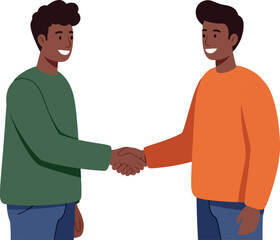 Fototapeta premium Two men shaking hands in casual clothing green and orange sweaters friendly gesture vector illustration 