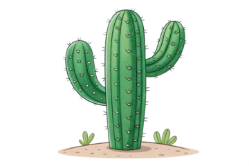 Cartoon cactus illustration with spines and green color on a sand patch isolated on transparent background