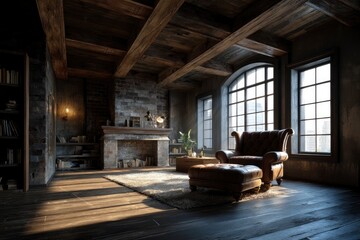 Fototapeta premium Rustic Loft Living Room: Leather Chair, Exposed Beams, and Warm Sunlight