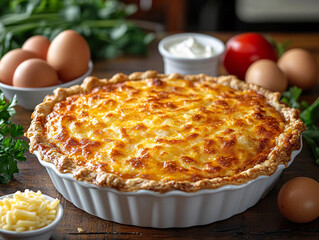 a freshly baked quiche in a white baking dish on a wooden surface, surrounded by fresh tomatoes, eggs, grated cheese, and fresh herbs like basil. 