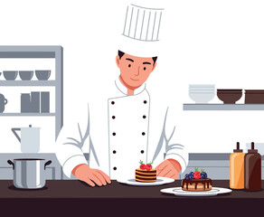 Chef preparing gourmet desserts in professional kitchen with fresh berries and sauces 