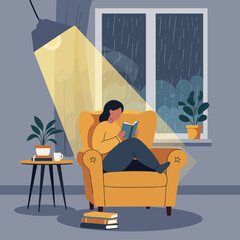 Fototapeta premium Woman reading book on yellow armchair in cozy rainy room with indoor plants and warm lighting 