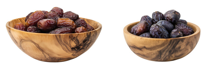 Set of a, A wooden bowl filled with dates, isolated on a transparent background.
