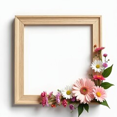 Wooden picture frame adorned with delicate flowers on white background. Frame offers blank space perfect for adding text photos. Floral spring summer theme for design, invitations, greeting cards.