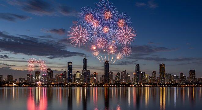 4th of July Fireworks Over City Skyline	A stunning nighttime cityscape with fireworks reflecting on water. Perfect for travel agencies, event promotions, and editorial content - Powered by Adobe