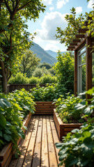 A serene garden pathway leading to a trellis with lush plants and greenery, under an open sky.
