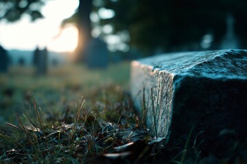 Fototapeta premium Stone Grave Marker at Sunset: A Serene Cemetery Scene