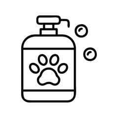 Pet shampoo bottle outline with paw print and bubbles for grooming and hygiene product design