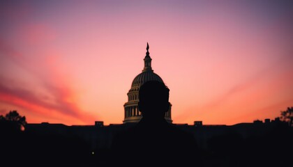 A silhouette of a person against the stunning sunset backdrop of a prominent building.