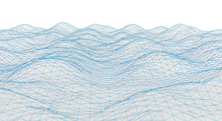 Abstract Blue Wireframe Mesh Landscape Digital Terrain 3D Rendering