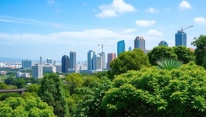 Fototapeta premium A stunning view of a city skyline surrounded by lush greenery under a clear blue sky.