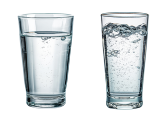 Clear water and sparkling water in glass cups on white surface