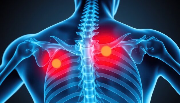 Anatomical illustration of a human spine highlighting shoulder pain points in a blue and red graphic design.
