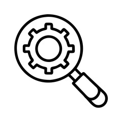 Gear search analysis tool magnifying glass icon for settings optimization and process review