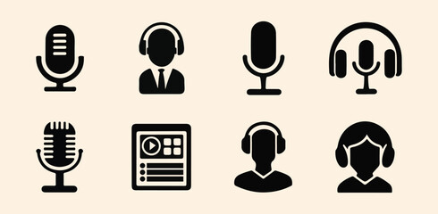 Podcast Recording Icons, Headphones, Microphones, Minimal Audio Icon Set