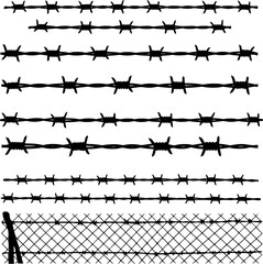 Barbed wire collection silhouette vector. Barbed wire metallic border elements, barb wire set, barb wire icon. Barbed wire fence on the border silhouette illustration