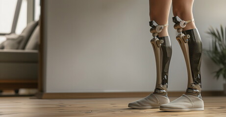 Woman with bionic leg protesis at home. A prosthetic leg for lady walking at home. Concept of recovery after injury with artificial limb leg.