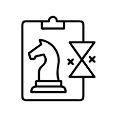 Chess strategy planning on clipboard with hourglass and cross marks time management concept