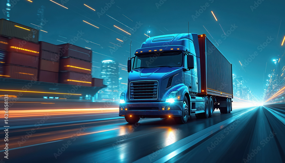 Poster logistic network with container cargo ship truck transport. industrial cargo freight for shipping. b