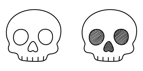 Skull vector icon set. Hand-drawn doodle style spooky skulls for Halloween or danger symbol. Black line art isolated on white background.