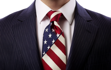 Close up of a flag-themed necktie on a formal suit, subtly displaying patriotic pride and professionalism in a refined and elegant manner isolated on white background PNG