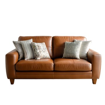 recommend clip art: A brown leather sofa with cushions, isolated on a white background