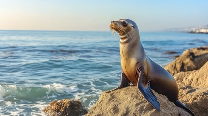 Fototapeta premium A sea lion perched on rugged rocks beside the ocean, captured in a photo.