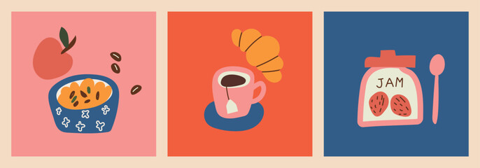 Abstract hand drawn food posters. Healthy breakfast. Trendy art prints with various tasty food and drinks. Flat design for wall decor, restaurant menu. Vector illustration.