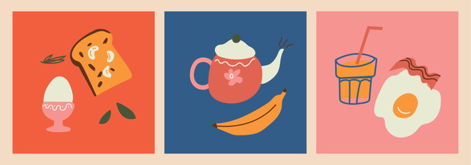 Fototapeta premium Abstract hand drawn food posters. Healthy breakfast. Trendy art prints with various tasty food and drinks. Flat design for wall decor, restaurant menu. Vector illustration.