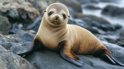 Naklejka premium A sea lion pup resting on a rocky shore, surrounded by rugged coastal terrain.