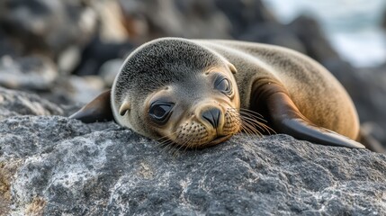 Naklejka premium A sea lion pup resting on a rocky shore, surrounded by rugged coastal terrain.