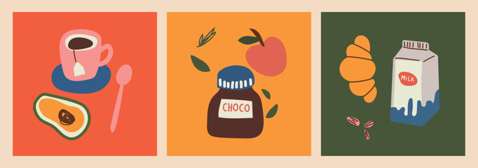 Abstract hand drawn food posters. Healthy breakfast. Trendy art prints with various tasty food and drinks. Flat design for wall decor, restaurant menu. Vector illustration.
