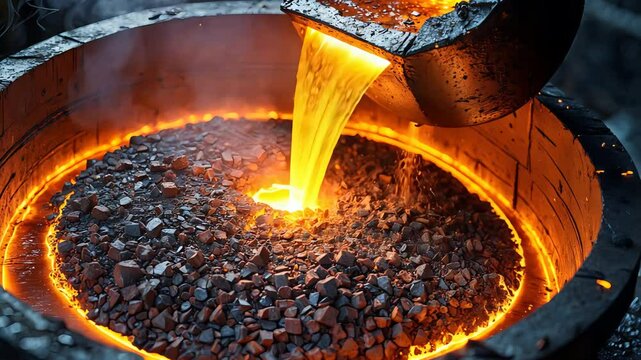 Molten metal being poured into a furnace, glowing brightly against dark coal, showcasing the intense heat and industrial process of metal casting.

