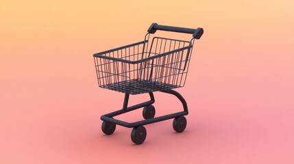 Small 3D shopping cart with modern aesthetic, matte black finish, against a gradient pink-to-orange background