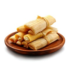 A stack of delicious tamales wrapped in corn husks, presented on a wooden plate and isolated on a clean white background