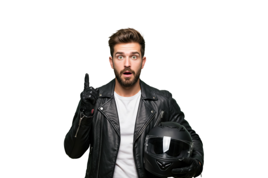 Motorcycle rider in leather jacket holding helmet pointing upward idea - png, isolated on transparent background