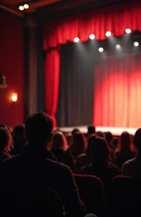 Theater audience watch play. People seated in rows, dark scene, red curtains, stage lights. Spectators enjoy drama performance, cultural event. Indoor entertainment, public watching show.