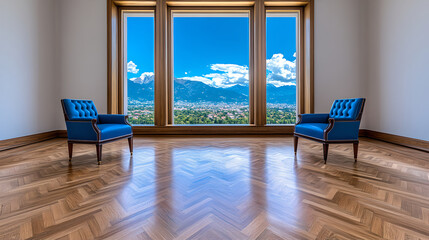 Fototapeta premium Panoramic Mountain City View from Minimalist Room with Blue Armchairs
