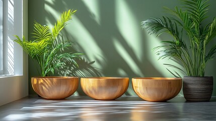Three wooden bowls and potted plants in sunlit room.