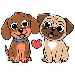 Highly Vector cartoon illustration of A Pug puppy snuggles up to its sibling noses touching Illustration