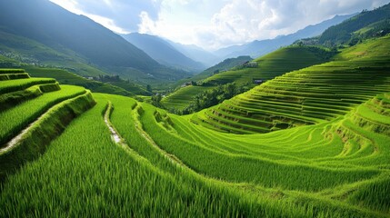 Fototapeta premium A serene background view of farmers' lush green rice fields stretches across the landscape.