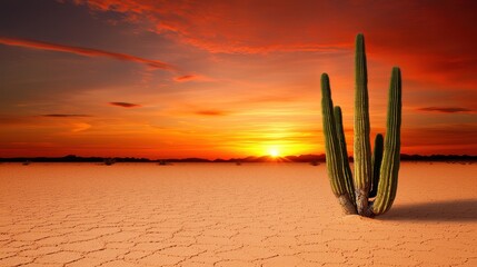 A solitary cactus stands against a vibrant sunset over a dry, cracked landscape, highlighting the beauty of resilience in a desert environment.