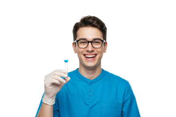 Medical professional holding vial, blue uniform, glasses, smiling face - png, isolated on transparent background