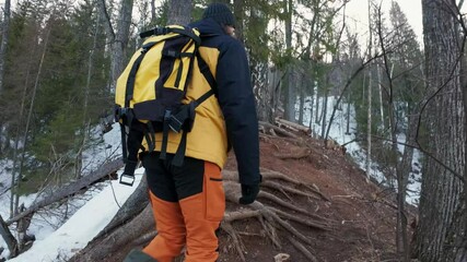 An adventure enthusiast skillfully navigates a snowy forest path with a sturdy backpack, showcasing the serene and breathtaking beauty of nature during the winter season and its landscapes