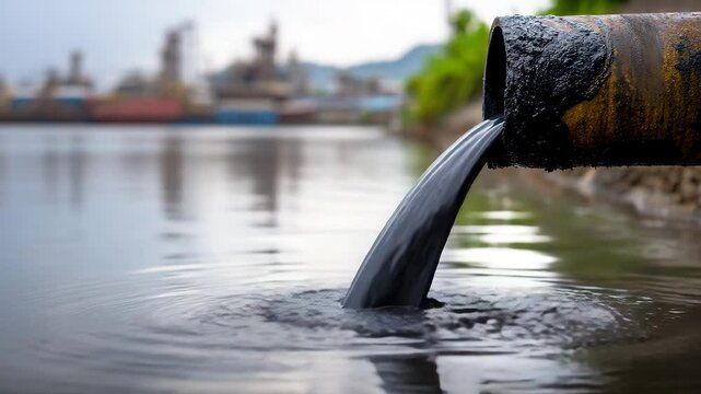 Industrial Wastewater Pollution Environmental Disaster Threatening Waterways, dirt waster water oil spilled into clean river water, Environmental crisis danger, Pollution concept industrialization