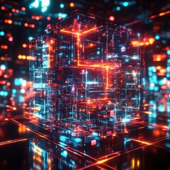 Obraz premium Neon translucent cubes illuminated with vibrant colors create a cyberpunk atmosphere in a neatly arranged front view landscape